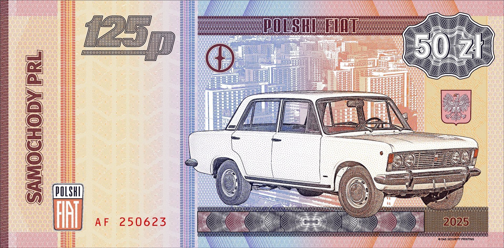 Banknot kolekcjonerski z legendarnym Fiatem 125p z serii "Samochody PRL"