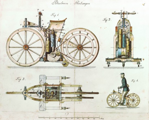Szkice techniczne pojazdu z 1885 roku, który uważa się za pierwszy motocykl na świecie.