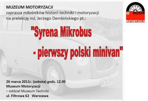Zaproszenie na prelekcję pt. „Syrena Mikrobus – pierwszy polski minivan”